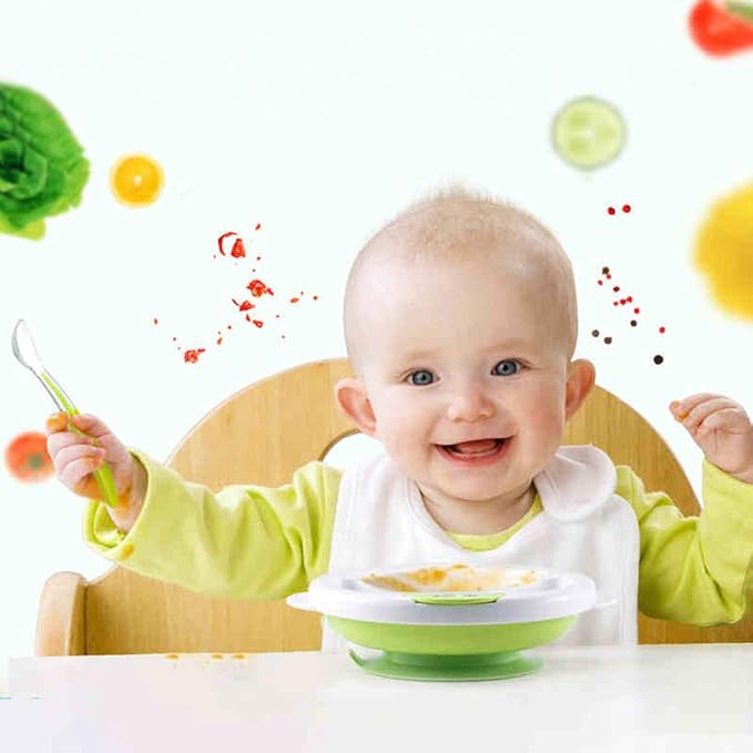 Matyz 2-Pack Baby Feeding Suction Warm Plate with Draining and Drying Design - Stay Put Divided Plate for Kids - Including 2 Toddler Plates and 4 Spoons - Microwave & Dishwasher Safe (Green)