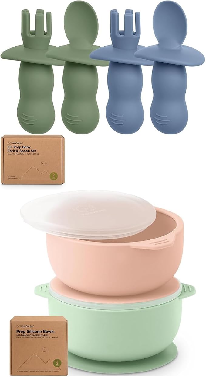 Keababies 4-Pack Silicone Baby Spoons and Forks Set and 2-Pack Baby Bowls with Suctions, Lids - Baby Spoon Self Feeding, BLW Baby Utensils - Silicone Suction Bowls for Baby Boy, Girl