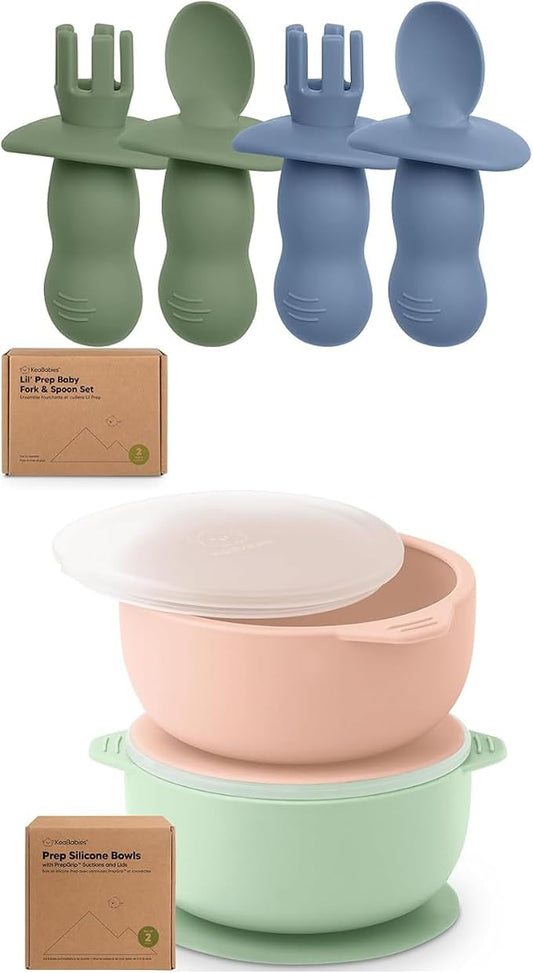 Keababies 4-Pack Silicone Baby Spoons and Forks Set and 2-Pack Baby Bowls with Suctions, Lids - Baby Spoon Self Feeding, BLW Baby Utensils - Silicone Suction Bowls for Baby Boy, Girl