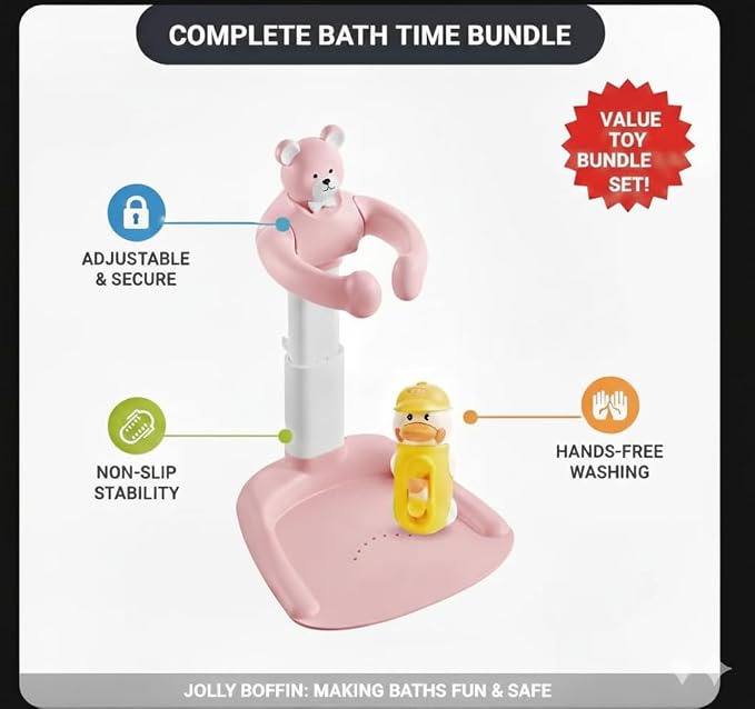 2-in-1 Adjustable Infant Baby Bath Support Set Bear Design with Little Toy Duck | Joyful Bath Time Bundle for Infants & Toddlers | Portable Bathroom Safety Non-Slip Shower Station for 6-48 Months