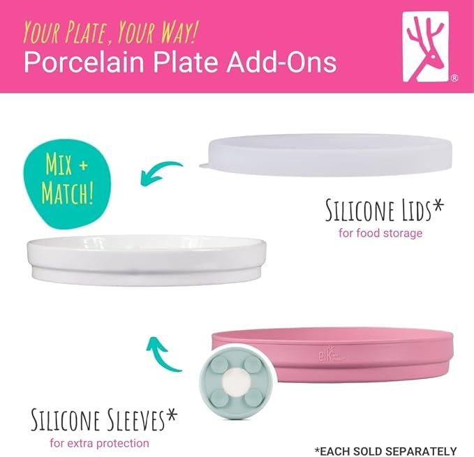 Elk and Friends Kids 7.8??Porcelain White Plates | Divided Plates | Suitable for Kids/Toddlers | Microwave & Dishwasher Safe | Non Slip | Snack Dishes | 2 Pack