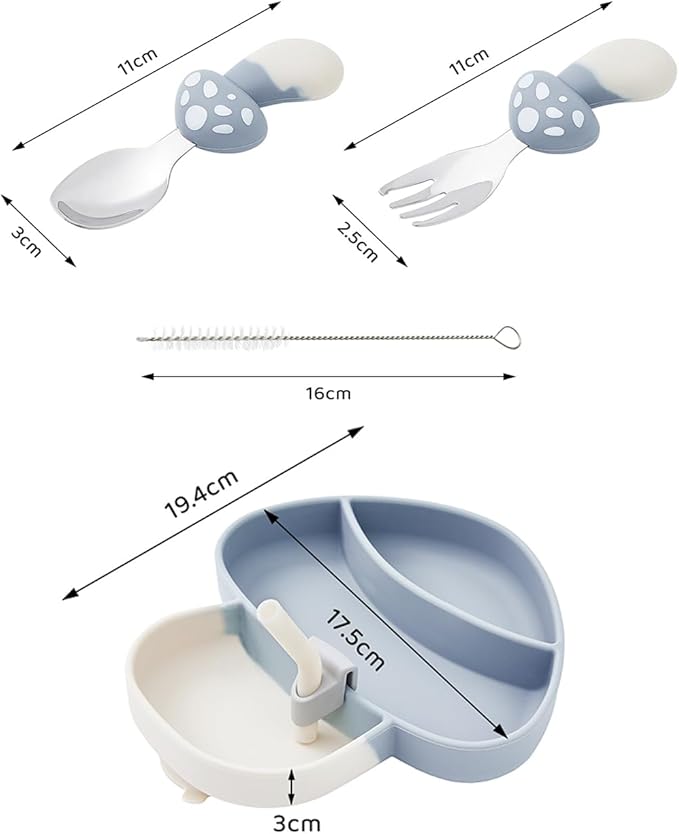 4-Piece Silicone Baby Feeding Set ??Baby Plates with Strong Suction, Toddler Plates Set, Unbreakable Food-Grade Silicone Divided Plate with Spoon, Fork & Straw Brush
