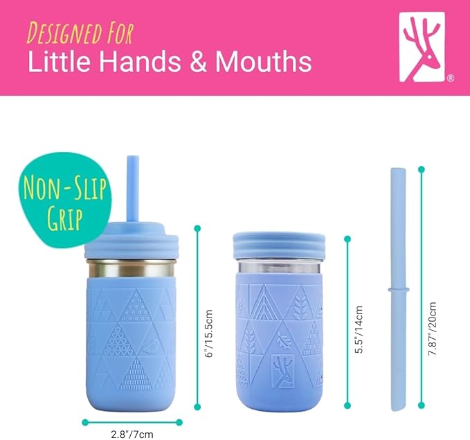 Elk and Friends 14oz Stainless Steel Kids + Toddler Drinking Cups | The Original Mason Jar with Sleeves + Lids | Silicone Straws | Smoothies | Storage Jar | Spill Resistant | Dishwasher Safe | 2 Pack