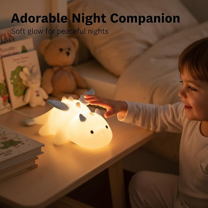 Dinosaur Night Light for Kids, Magnetic Baby Night Lights Plug Into Wall, Silicone Night Lamp Rechargeable, Night Light for Breastfeeding, 3 Dimming with 7 Colors Touch Lamp for Nursery Decor (Blue)