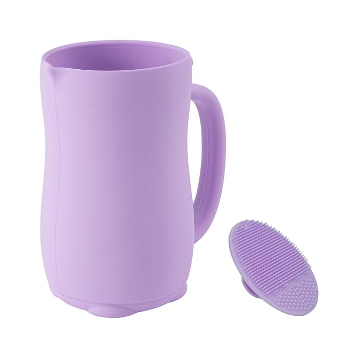 mandoo Baby Bath Rinse Cup - Food Grade Silicone - Shampoo & Body Washing Rinser Cup for Kids with Easy Grip Handle to Rinse Baby Shampoo and Soap - Baby Essentials（Purple+Brush