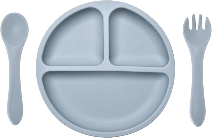 Silicone Baby Feeding Set, Includes Baby Spoons, Toddler Plates and Baby Fork, Suction Plates for Toddlers Divided Design, Microwave and Dishwasher Safe (C-2)