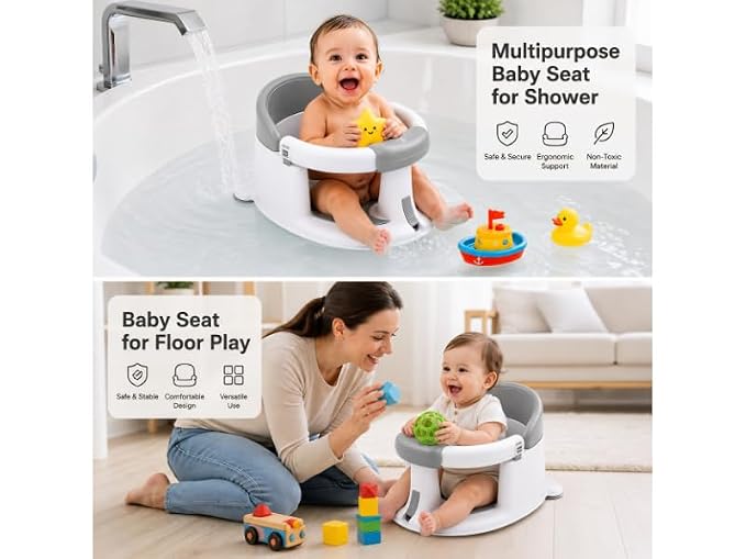 Baby Bath Seat for Babies 6-24 Months, Non Slip Infant Bath Seat with 4 Suction Cups, BPA Free Baby Bathtub Seat, Secure Bath Support Chair for Sit Up Babies, Grey