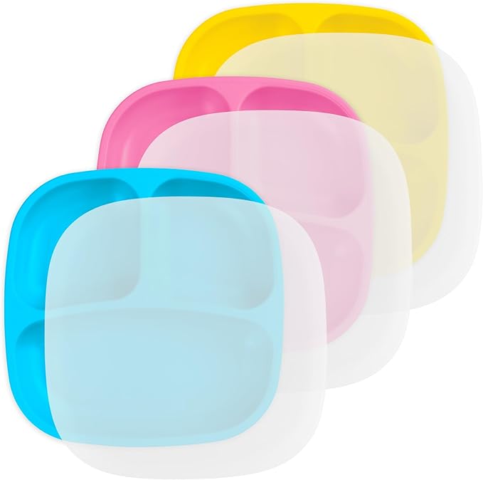 Re-Play Toddler Plates with Dividers - Deep-Walled 3 Compartments Divided Plates for Kids with 3 Lids - Dishwasher & Microwave Safe - Made in USA - Set of 3-7.37" x 7.37" x 1.25" - Easter