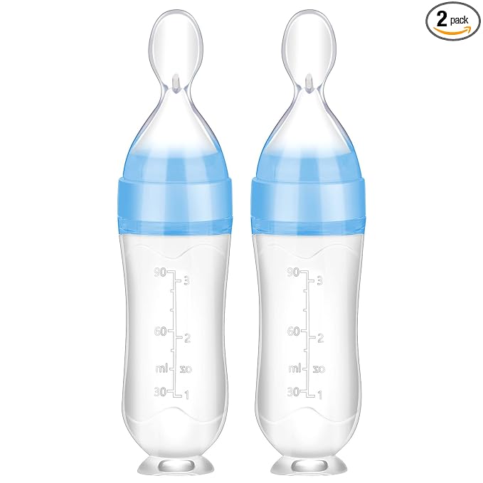Nuanchu Baby Spoons 2 Pack Silicone Baby Food Feeder 3 oz Squeeze Feeding Spoon Toddler Dispensing Feeder Suction Cup Design Travel Friendly for Kids Toddlers Boys Girls(Blue)