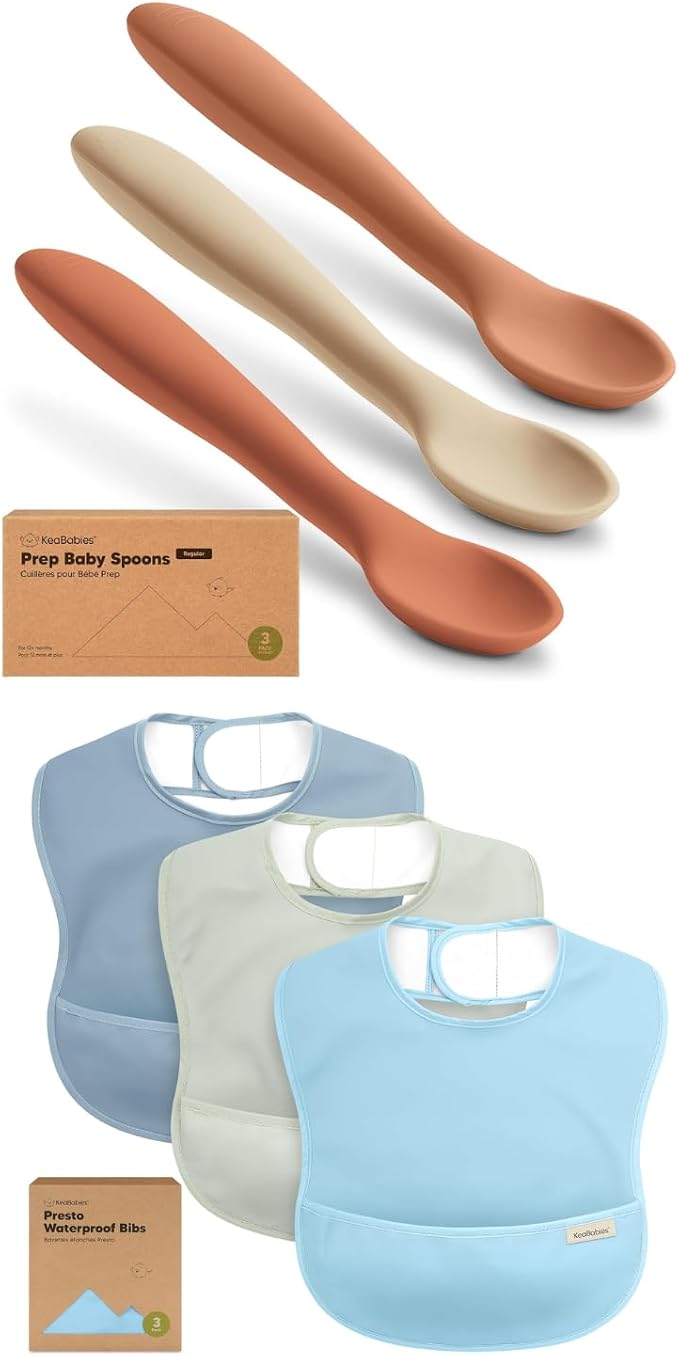 KeaBabies 3-Pack Silicone Baby Spoons and 3-Pack Waterproof Baby Bibs for Eating - Toddler First Food Training Spoon - Lightweight Boys & Girls Bib with Food Catcher
