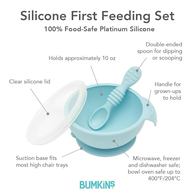 Bumkins Silicone Baby Feeding Set with Suction, Includes Spoon and Lid, Essential for Baby Led Weaning, Blue