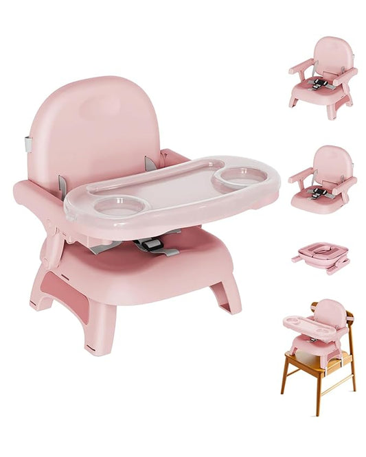 Booster Seat for Kitchen Chair, 3-in-1 Foldable & Portable Booster Seat with Tray, Extra Dishwasher-Safe Tray, Safety Straps for 6??8M (Up to 30 lbs), for Dining Table, Travel & Camping, Pink