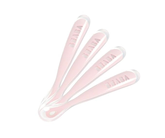 BEABA Baby's First Foods Spoon Set, Original Silicone Baby Spoons, 4 Pack, BPA Lead & Phthalate Free, Pink