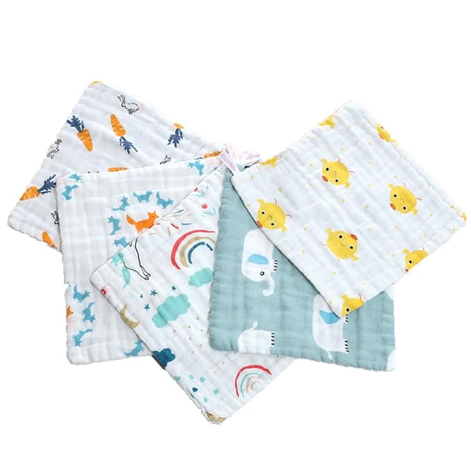 6 Layers of Baby Washcloths Natural Muslin Cotton with Cartoon Printed Design, Newborn Baby Face Towel Perfect Gifts Set of 6, Extra Soft, Breathable, 10x10 Inches (Kissing Fish)
