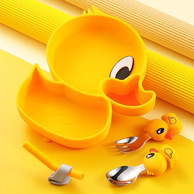 4-Piece Silicone Baby Feeding Set ??Baby Plates with Strong Suction, Toddler Plates Set, Unbreakable Food-Grade Silicone Divided Plate with Spoon, Fork & Straw Brush