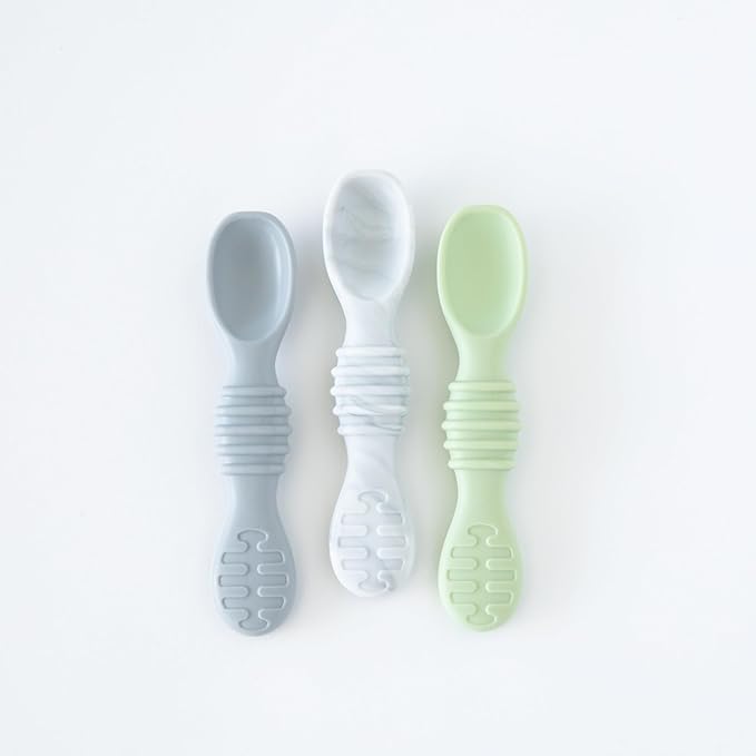 Bumkins Baby Bowl, Silicone Feeding Set with Suction for Baby and Toddler, Includes 4 Spoons and Lid, First Feeding Set, Training Essentials for Baby Led Weaning for Babies 4 Months Up, Marble