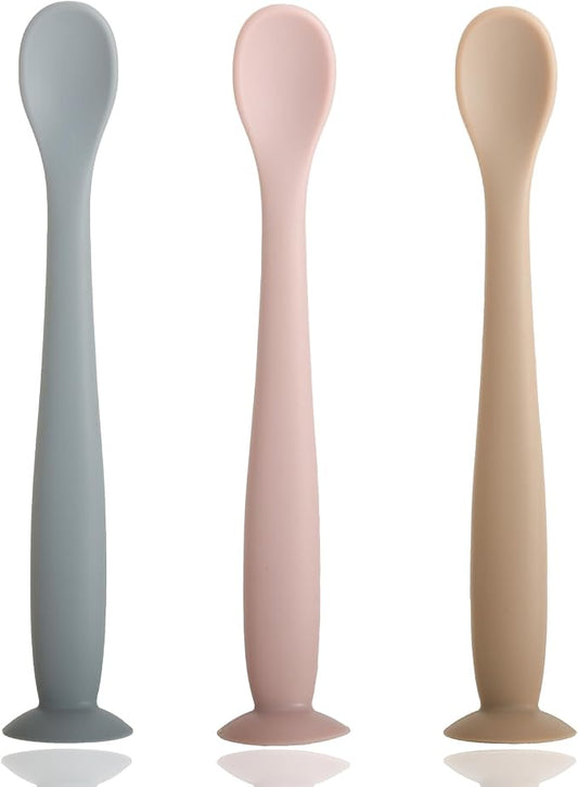 Baby Spoons, BEMEI Silicone Baby Spoons Self Feeding 6+ Months, Soft & Gentle Textured Baby Feeding Spoon with Fixed Suction Cup, Dishwasher Safe 【grey+kahaki+brown】