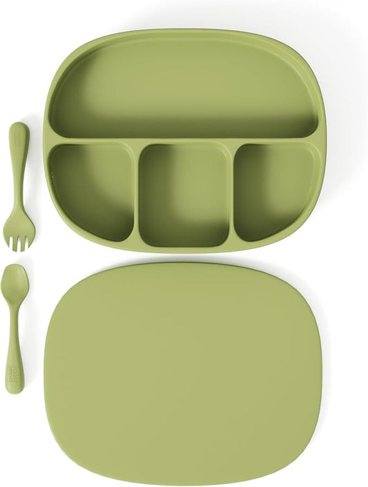 Toddler Necessities Baby Feeding Essentials Set for Baby in Green Color with Baby plates with Suction and Silicone Utensil Set - (3 Pieces)