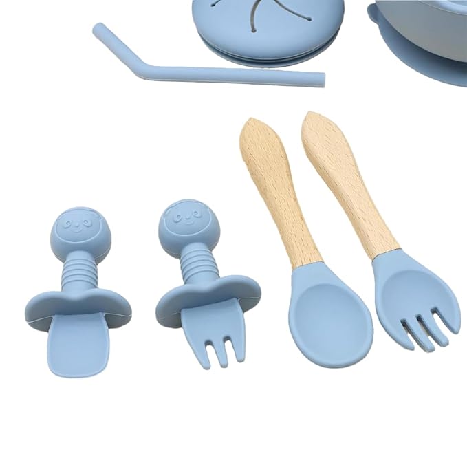 Silicone Baby Feeding Set Whimsy Blue Infant Tableware Collection with Bib Suction Bowl Utensils Straw Cup Snack Container