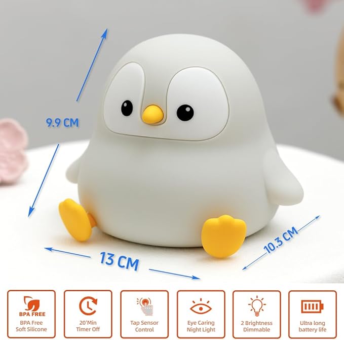Cute Penguin Night Light, Squishy Silicone LED Night Lamp, Novelty Nursery Nightlight for Kids, Rechargeable Animal Touch Lamp Bedside Lamp, 2 Levels Dimmable, Room Decor Gifts for Girls Boys Baby