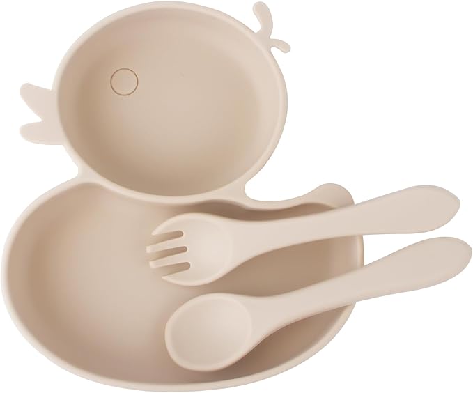 Baby Suction Plate, Silicone Toddler Plate for Kids Baby Weaning Plate Strong Suction Divided Dish with Fork Spoon, BPA Free (Orange) (Beige)