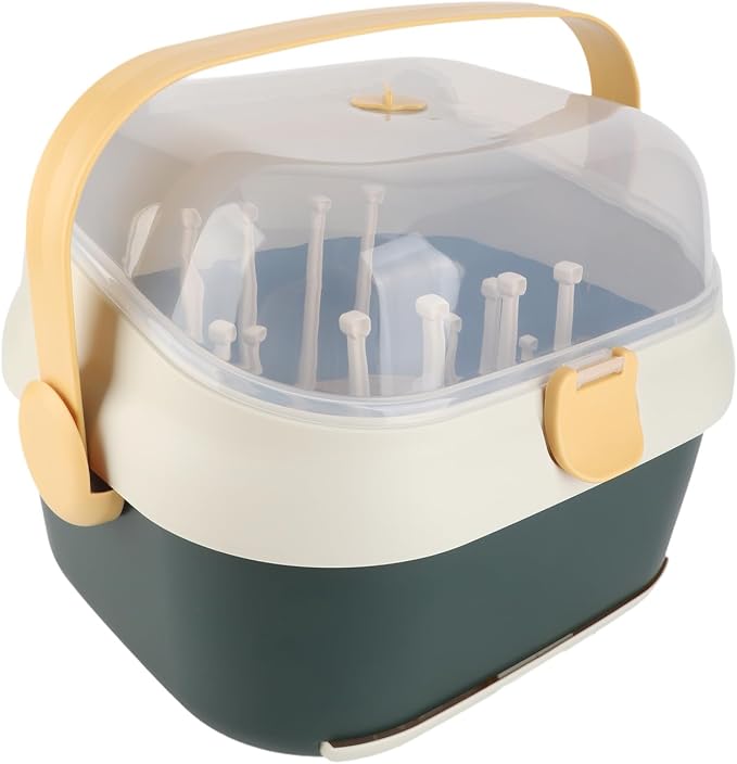 Baby Bottle Drain Rack, Feeding Cup Holder, Portable Large Capacity Toddler Bottles Storage Box with Lid Cover, Multifunctional Anti Dust Cutlery Storage Drying Rack for Teats, (New Green)