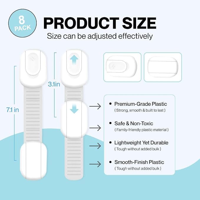 Fridge Strap Lock for Kids (8 Pack) Child Proof Fridge Locks with Strong 3M Adhesive, Baby Proof Refrigerator & Cabinet Safety Locks for Toddlers and Adults