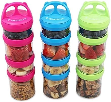 BariatricPal 4 Compartment Twist Lock, Stackable, Leak-Proof, Food Storage, Snack Jars & Portion Control Lunch Box (3-Color Variety Pack)