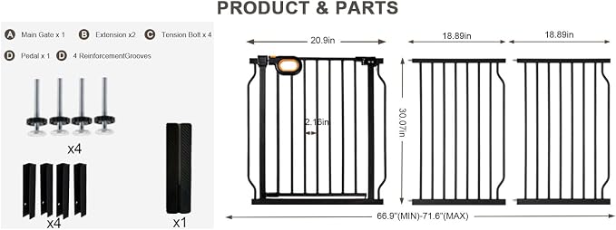 Baby Gates Extra Wide for Doorways 66.9-71.6 Inch Extra Wide Pressure Mounted Baby Dog Gate for the House Indoor Large Openning Metal Safety Gate No Drilling with Walk-Through Door,Black