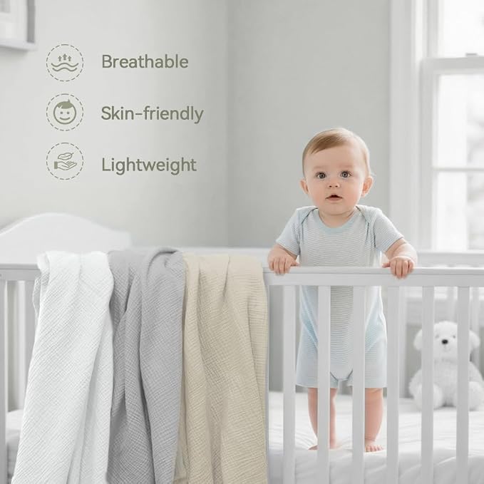 Muslin Swaddle Blankets for Baby Boy - 3 Pack 47x47 Inch Large Receiving Blankets, Soft Breathable Cotton Nursery Swaddles for Newborn, Infant & Todler (Gray, Cream White, White)