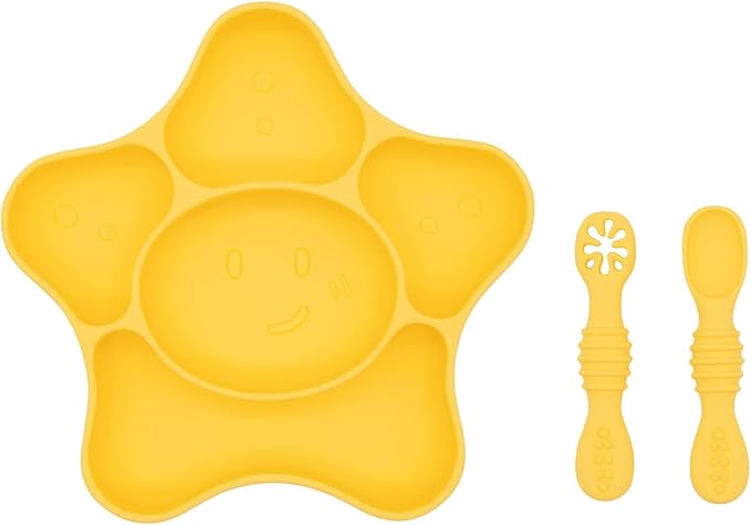 BabyX Silicone Feeding Set (3 PCs) Cove & Coast Series, Baby Plate with Suction Cup, Training Spoon and Fork, BLW Utensils for Toddler Kid, BPA-Free, Microwave/Dishwasher Safe - Yellow Sea Star