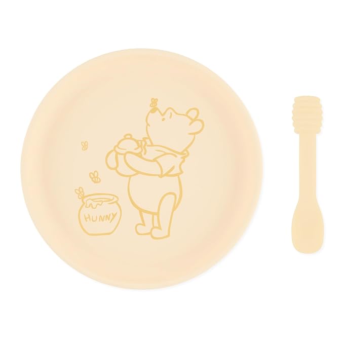 Bumkins Disney Baby and Toddler Plate and Spoon Set, Silicone Dish for Babies and Kids, Baby Led Weaning, Children Feeding Supplies, Microwave Safe, Platinum Silicone, Ages 6 Months, Winnie the Pooh
