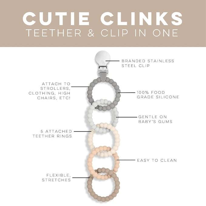 Ryan & Rose Cutie Clinks Attachable Teether Chew Toy for Babies (Neutral)