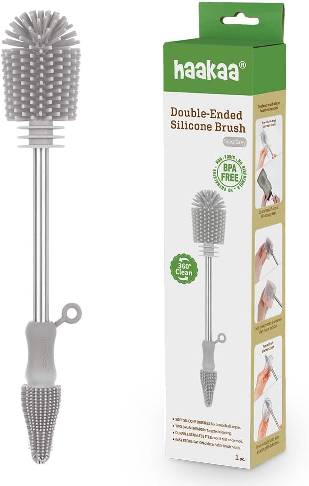 Haakaa Silicone Cleaning Brush Kit ??Household Cleaning Brushes for Bottles and Crevices ??Food-Grade Silicone: Dishwasher Safe (Brush-Grey)