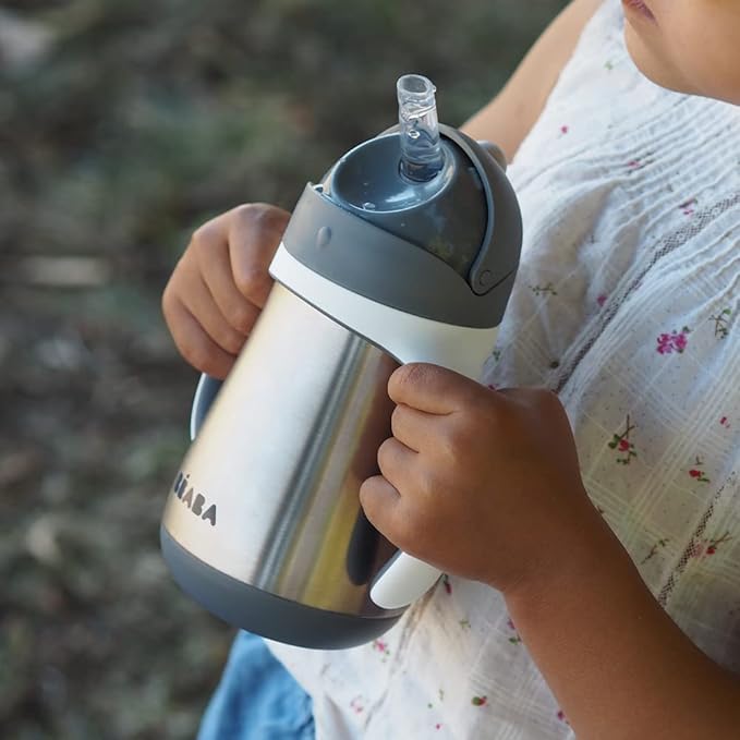 BEABA Stainless Steel Straw Sippy Cup, Insulated Toddler Cups Spill Proof with Removable Handles, Made with High Grade Stainless Steel, 8+ months, 8.5 oz, Charcoal