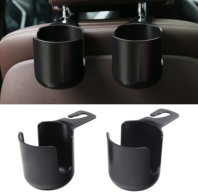Car Seat Headrest Hook Organizer with Cup Holder - Universal Vehicle Storage Hanger for Handbags, Groceries, Backseat Organizer, Car Accessories Fit All Cars(Black)