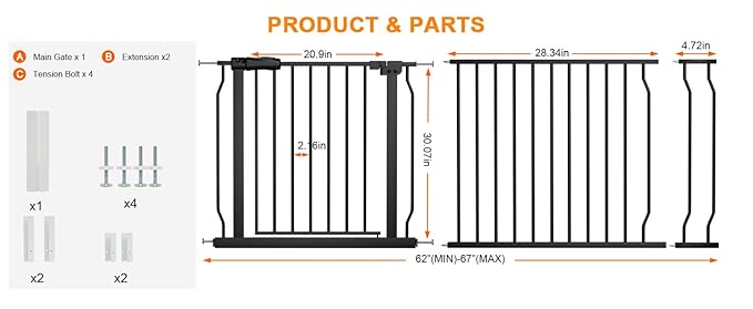 Walk Through Baby Gates Extra Wide for Stairs Doorways Auto Close Tension Black Metal Child Pet Safety Gates with Pressure Mount 62-67 Inch