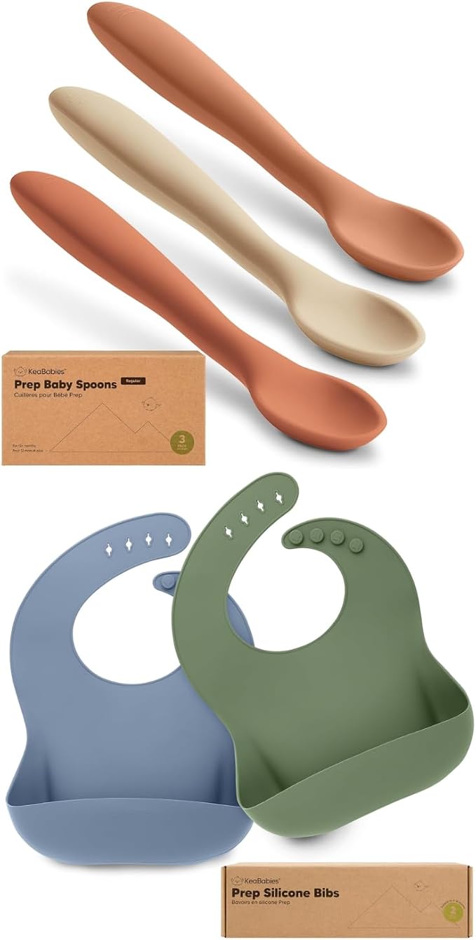 KeaBabies 3-Pack Silicone Baby Spoons and 2-Pack Baby Silicone Bibs - Toddler First Food Training Spoon - Waterproof, Easy Wipe Bib for Boys, Girls, Toddlers