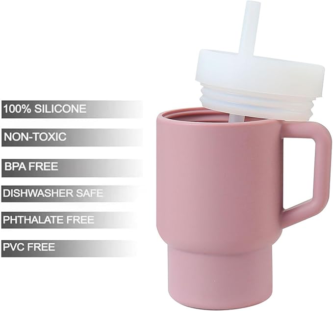 PandaEar Kids Tumbler Silicone Toddler Cup with Straw and Handle, 9.5oz Spill-Proof Training Cup for Baby, BPA-Free, Easy to Clean -Blue (Pink)