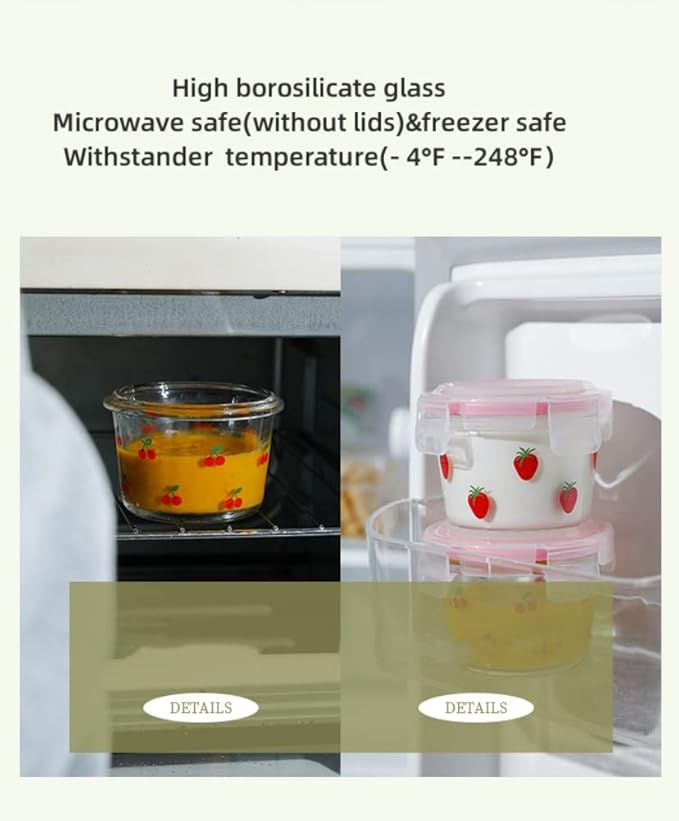 Ivymei 2 Pack Mini Glass Containers with lids,Small Floral Food Storage Contaiers Glass Food Jars for Food Portion,Dipping Sauce,Snack,Yogurt,Fruit,Leakproof,Microwave Freezer Safe(pinkpurple)