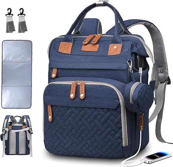 Diaper Bag With Changing Pad, Travel Waterproof Bagpack Diaper Bag For Mom Dad With USB Charging Port, Large Capacity & Multifunctional With Insulated Pacifier Case -Dark Blue