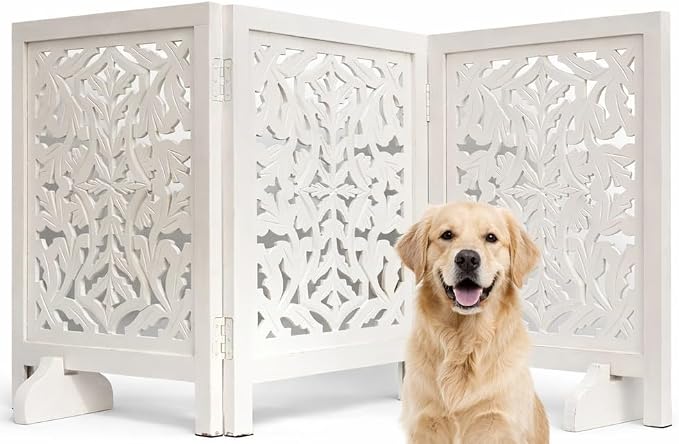 Free Standing Dog Gate – 3 Panel Foldable Wooden pet gate Indoor 54" W x 24" H, Hand-Carved Solid Wood & MDF, Portable Indoor Gate for Doorways, Halls, Stairs – Fully Assembled_ White Antique