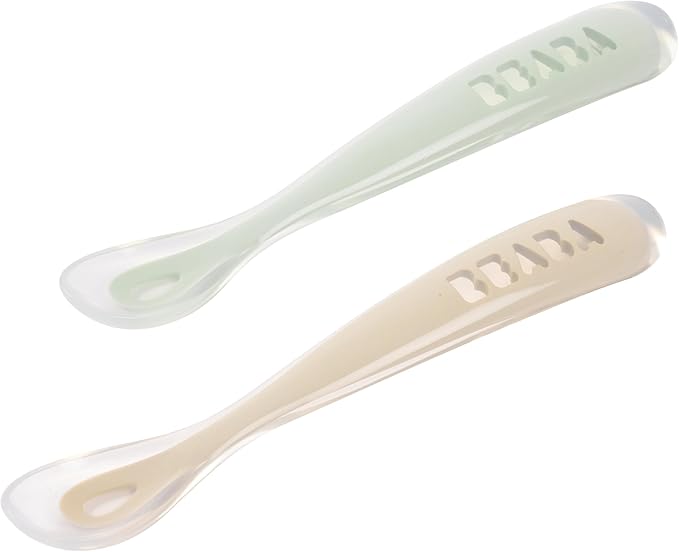 BEABA Baby's First Foods Spoon Set with Travel Case, Original Soft Silicone Baby Spoons, Baby Essentials, Travel Set, Sage + Cloud