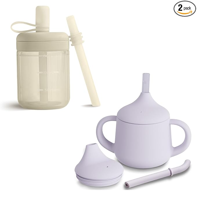 Moonkie Baby Straw Cup & Silicone Sippy Cup Set | 3-Stage Toddler Training Cup, BPA-Free, Drop-Proof, 5oz & 4oz Cups | Ideal for Baby Led Weaning, 6 Months+ | Spill-Proof, Food-Grade Silicone, 2-Pack