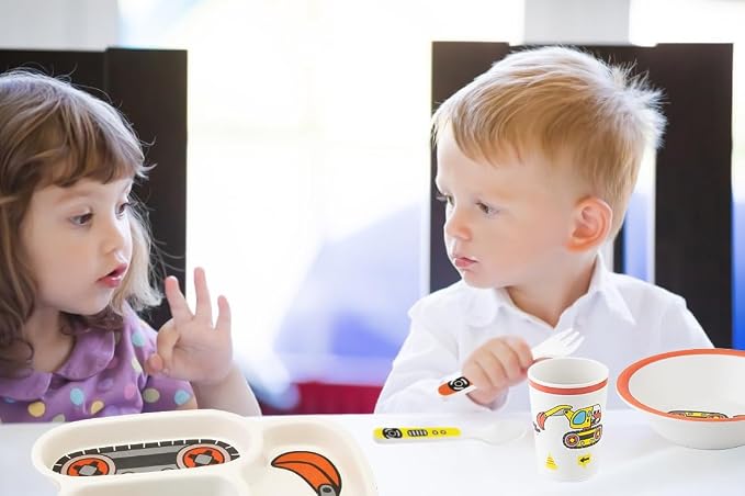 Kids Plate Set, Included Plate Fork and Spoon 3-Piece Set - Toddler Plates Dinnerware Dinner Dish Set Baby Feeding Divided Plate - Child Portion Control Dish Tray (Excavator Grey)