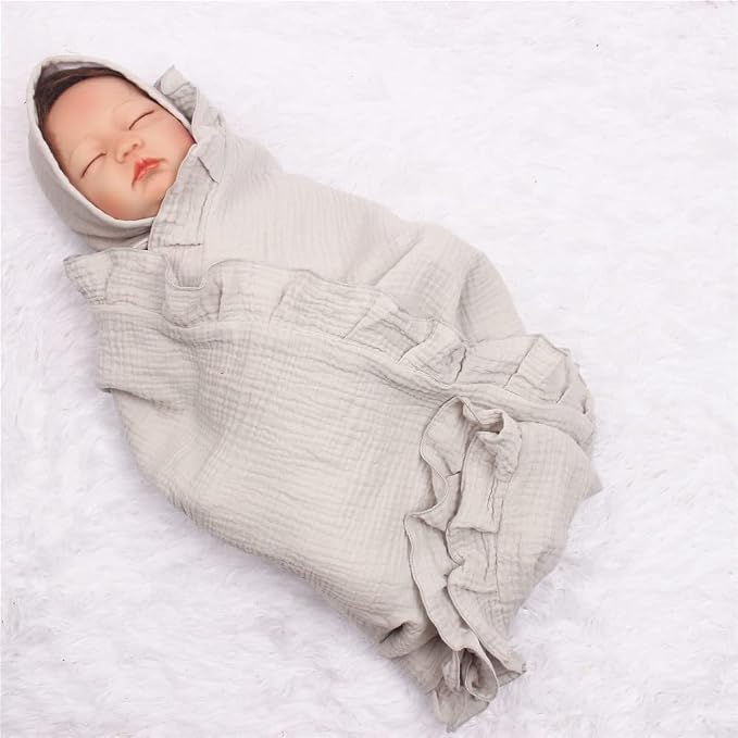 Newborn Baby Blanket, Toddler Blanket, 100% Cotton 4 Layers Soft Swaddling Receiving Blanket with Ruffle, Breathable and Lightweight Blanket, 34 x 26 inch