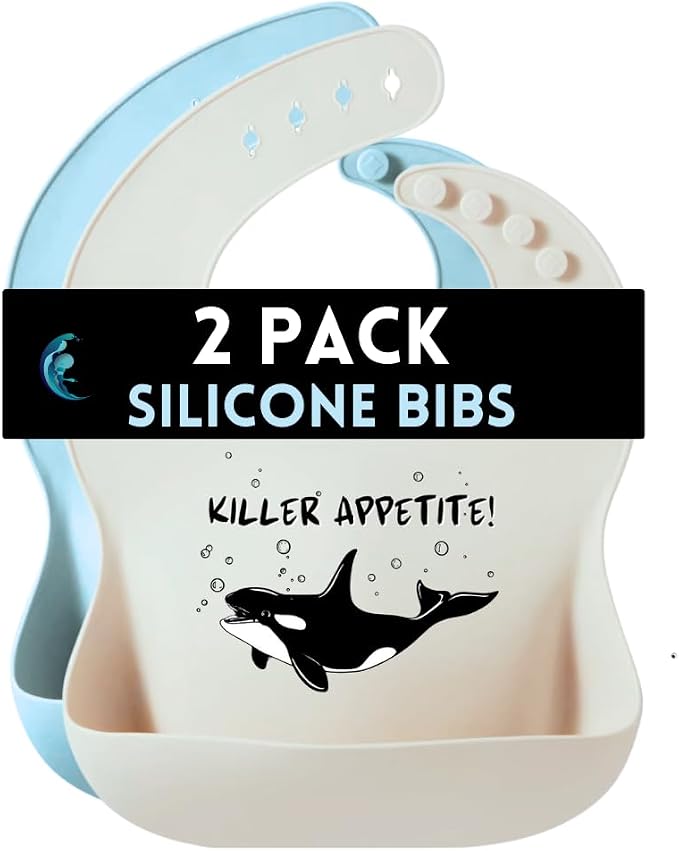 Animal Silicone Bibs for Babies - 2 Pack Sea Life Bibs for Boys and Girls - Easy to Clean Adjustable
