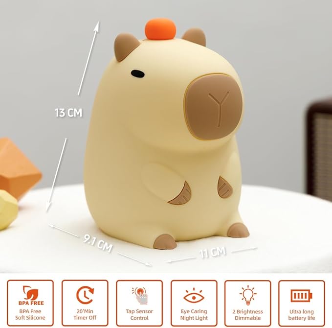 Cute Capybara Night Light, Squishy Animal LED Night Lamp Rechargeable, Novelty Nursery Lamp Nightlight for Kids, 2 Levels Dimmable Touch Lamp for Bedroom, Room Decor Gifts Stuff for Girls Boys