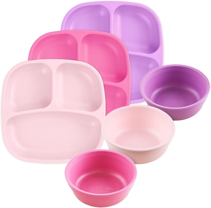 Re-Play Toddler Dinnerware Set - 3 Divided Plates & 3 Snack Bowls for Kids - Durable BPA-Free Plastic Tableware - Dishwasher Safe - Made in USA from Recycled Materials, Princess