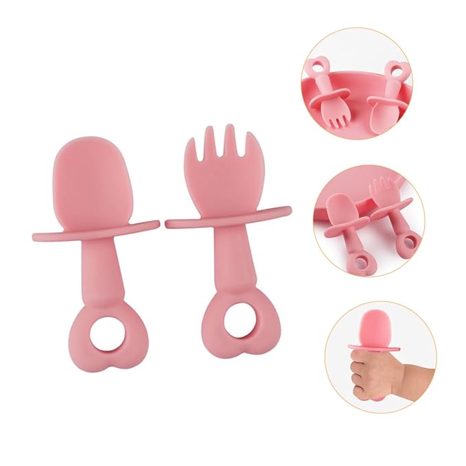 Yardwe 2pcs Adorable Boy Girl Fork Spoon Heart-Shaped Food-Grade Silicone Tableware for Training Safe Non- Design for Years Old